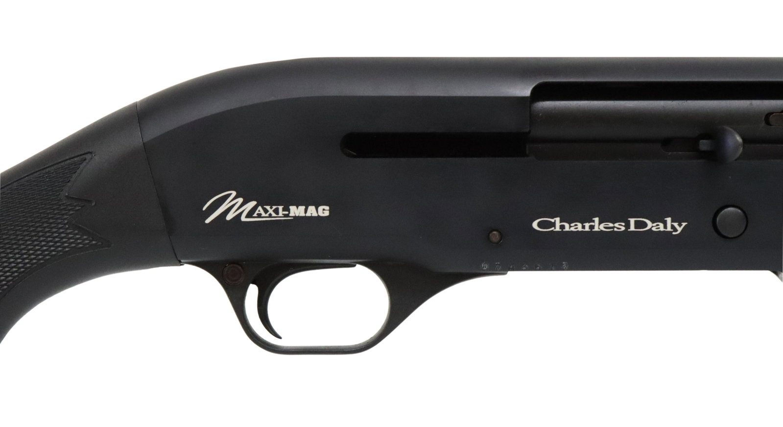 CHARLES DALY 12 GAUGE MAGNUM SHOTGUN: Charles Daly Maxi Mag auto load shotgun, 12 gauge Mag, 3.5" chamber, 27.5" vent rib black barrel, bead front sight, black composite stock, recoil pad, a very few finish rubs, overall finish is very go