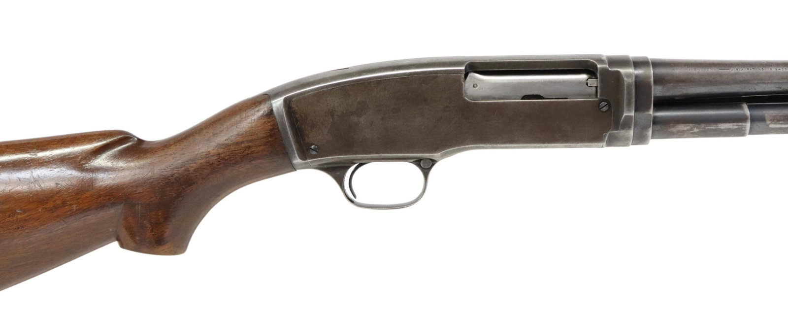 WINCHESTER M42 PUMP SHOTGUN, .410 GAUGE, MFG 1937: Winchester Model 42 shotgun, mfg. 1937, slide action, .410 gauge, 3" chamber, modified choke, 27" barrel, bead front sight, hardwood stock, metal mostly silver/brown, wood with minor dents and scratch