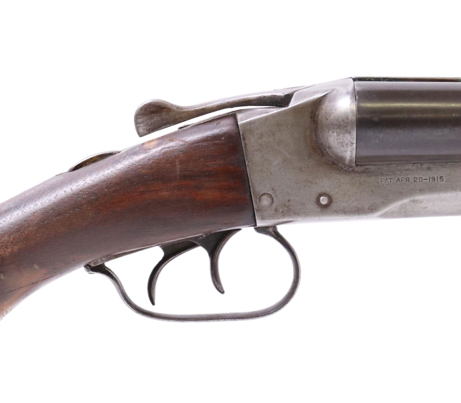 RIVERSIDE ARMS SIDE BY SIDE 12 GAUGE SHOTGUN: Riverside Arms Co. Shotgun a trade name of Stevens Arms & Tool Company, patent date 1915, 12 gauge, side by side 28" barrels ,with flat rib, bead front sight, double triggers, slide safety, hardwood s