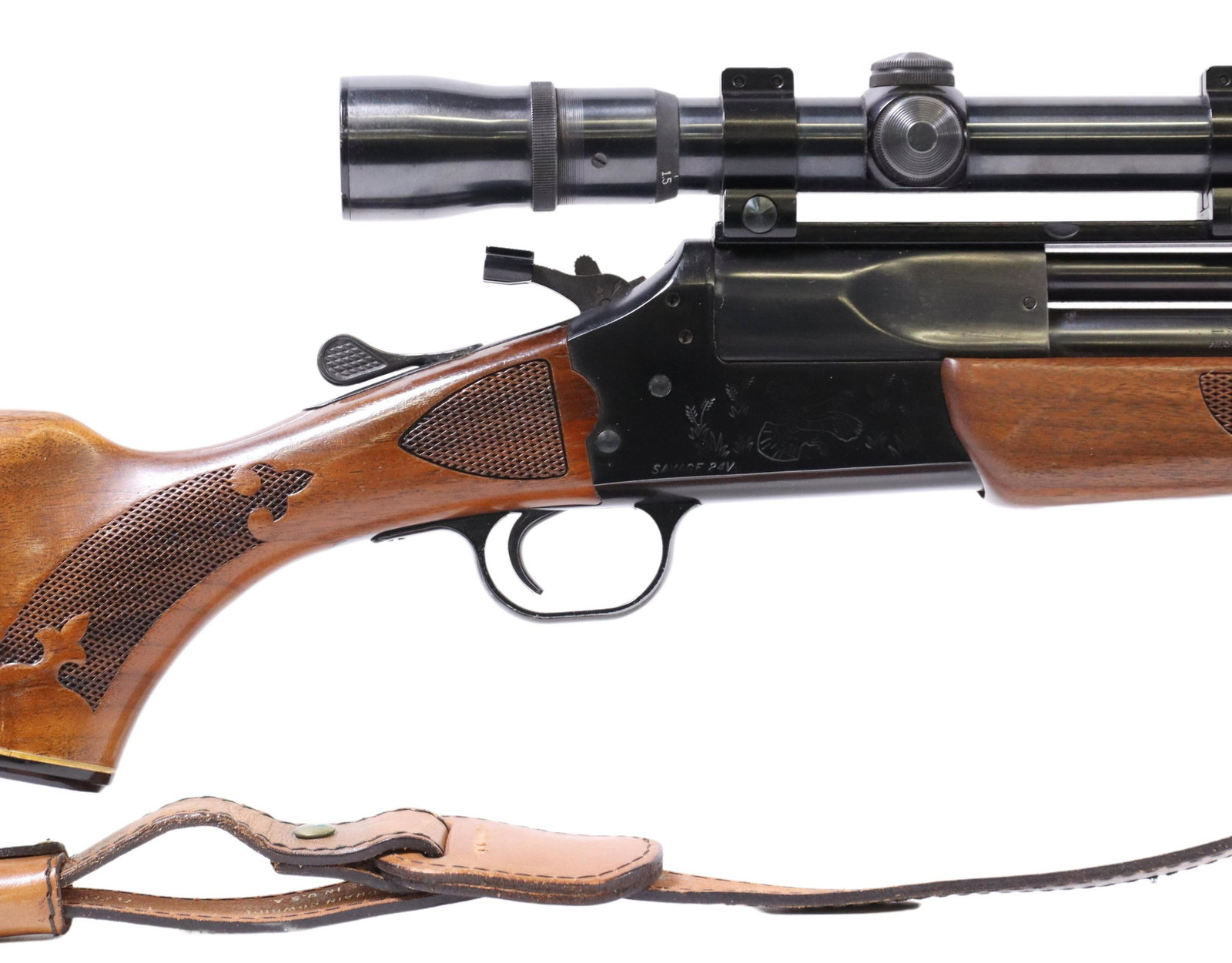 SAVAGE M 24V OVER & UNDER .222 & 20 GAUGE SHOTGUN: Savage Model 24V Over Under rifle and shotgun, the upper barrel in .222 Rem caliber, the lower barrel in 20 gauge with 3" chamber, break action 24" barrels, the upper barrel with ramp front sight, adj