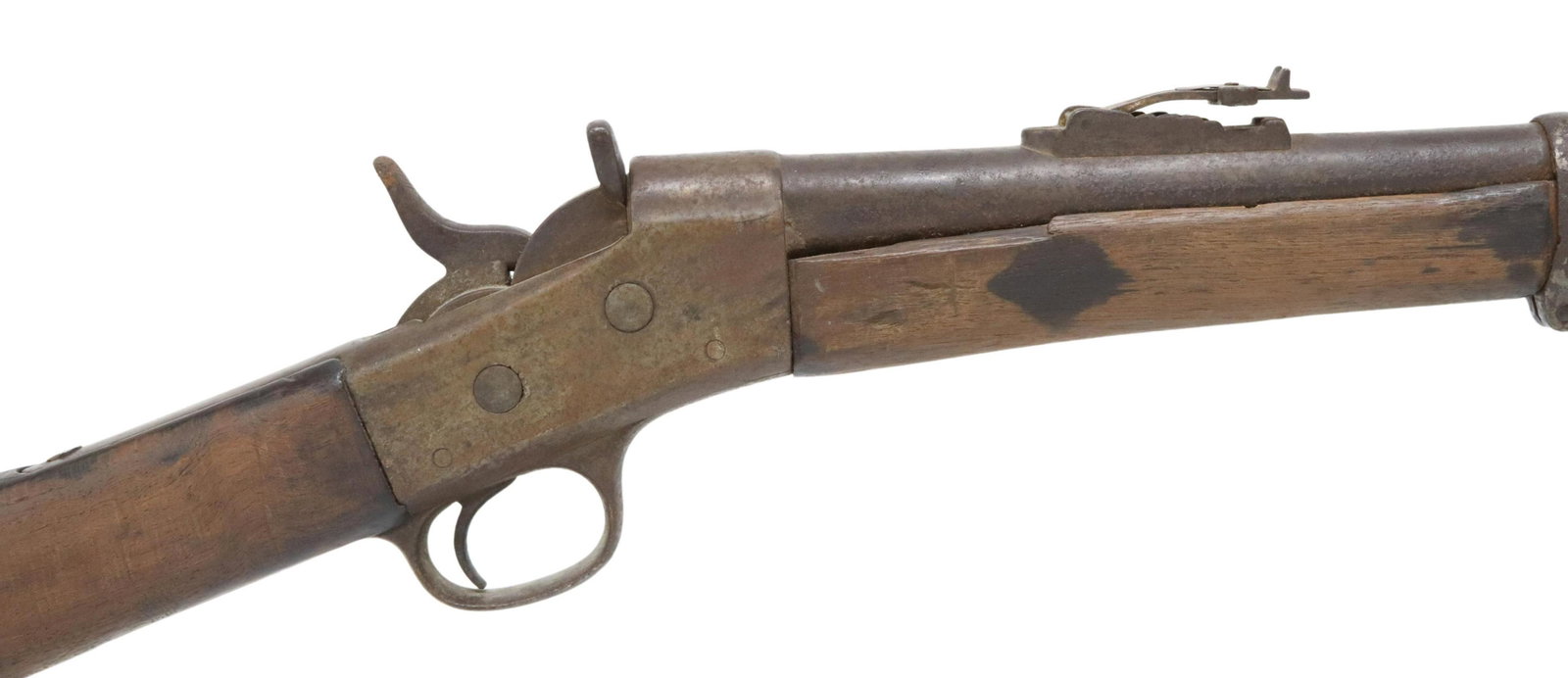 REMINGTON ROLLING BLOCK MILITARY RIFLE: Remington rolling block full stock military rifle, mfg. 1867-1888, 33.75" barrel, ram rod, blade front sight, three barrel bands with inspection marks "U" or "C", adjustable rear sight, tang with Remi