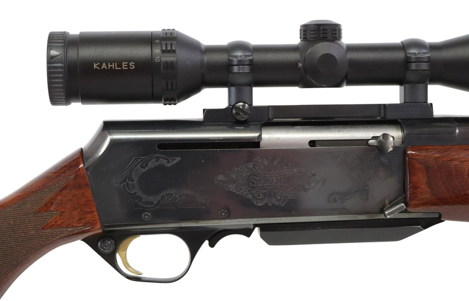 BROWNING SAFARI 7MM REM MAG RIFLE, KAHLES SCOPE: Browning Safari BAR rifle, auto-load, 7MM Rem Magnum Only, 24" barrel, mounted Kahles KX 3.5-10X50 scope, scrolled engraving at receivers, gilt trigger, gloss checkered stock, two sling posts, leather