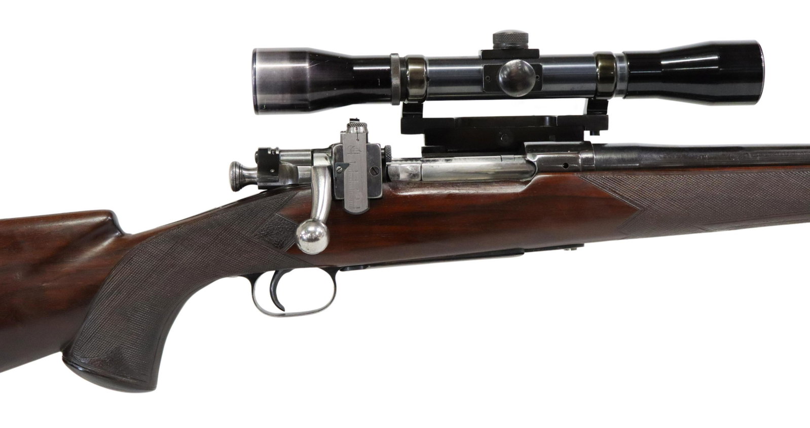 CUSTOMIZED SPRINGFIELD 1903 RIFLE, STOCK & SCOPE: Customized Springfield 1903 rifle, bolt action, believed to be .30-06 caliber, 24" barrel with hooded front sight having "3" and "6" to left and right of ramp, marked at the top with barrel code B 159