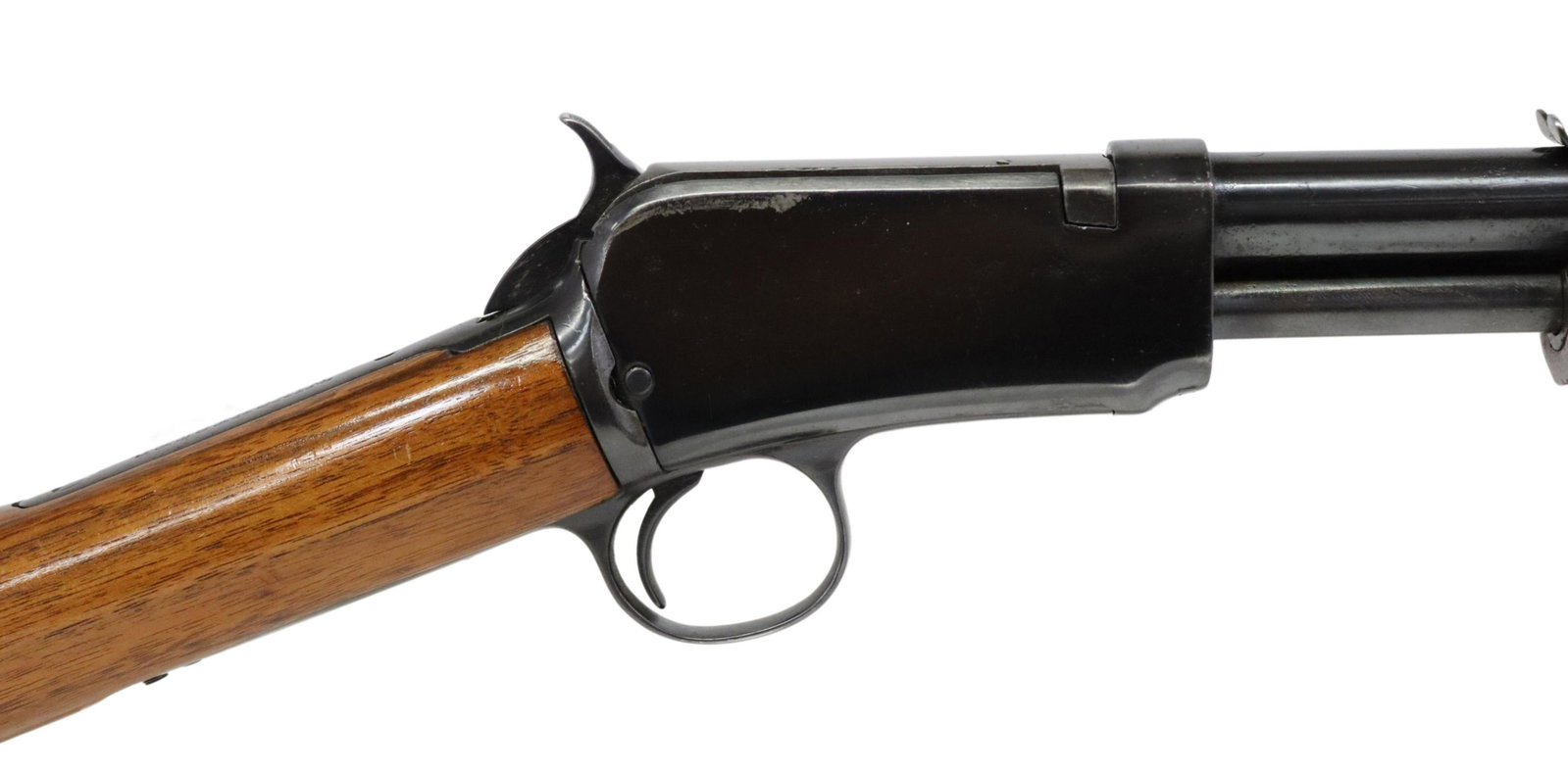 WINCHESTER 1906 TAKEDOWN PUMP RIFLE, .22S,L,LR: Winchester Model 1906 Take Down rifle, mfg. 1908, slide action, .22S,L,LR caliber, 19.5" barrel, blade front sight, adjustable rear sight, tubular magazine, hardwood stock, gloss metal likely re-blued