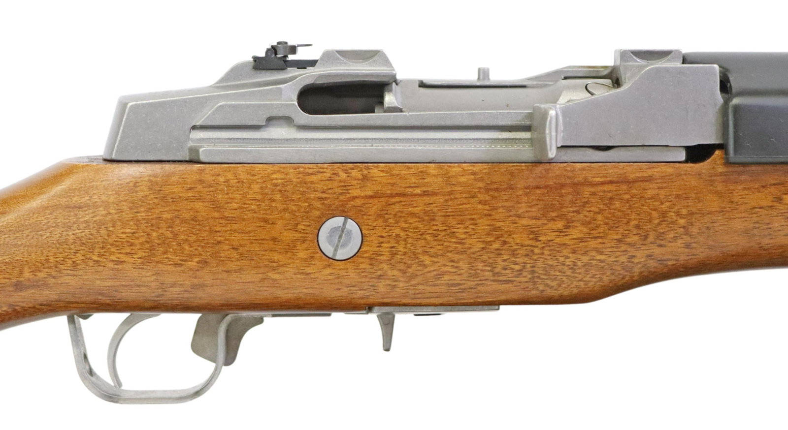 RUGER RANCH RIFLE, .223 CALIBER, STAINLESS: Sturm-Ruger Ranch Rifle, auto load, .223 caliber, barrel and receiver in stainless steel, 18" barrel with hear shield, blade front sight, adjustable peep rear sight, factory magazine, hardwood stock, 