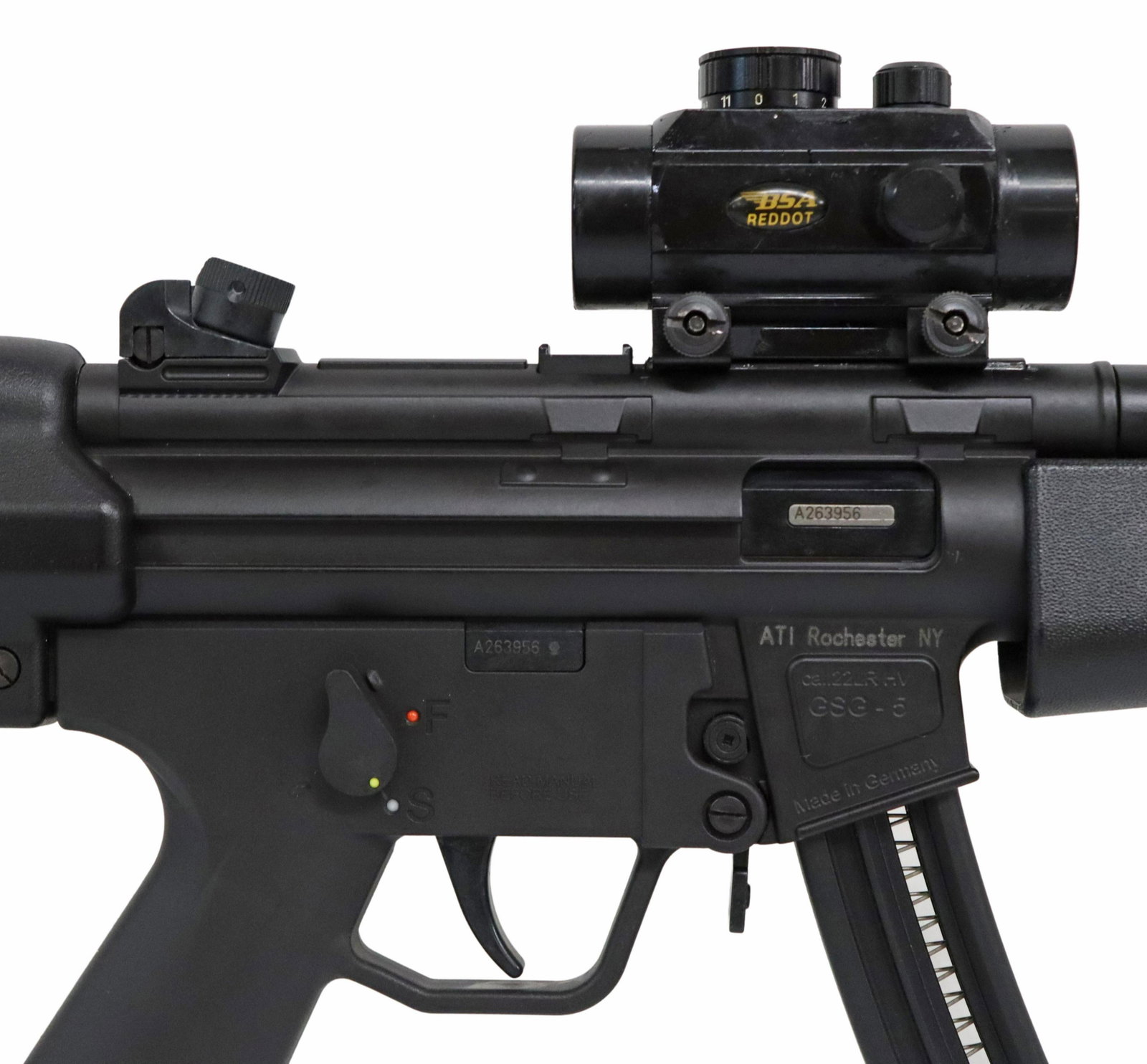 CSG-5 GERMAN SPORTS RIFLE, .22LR CALIBER: CSG-5 German Sports Rifle, auto load, .22LR caliber, overall black finish, hooded front sight, BSA Red Dot rear sight, 22 round detachable magazine, composite finish good, action good, bore bright, go