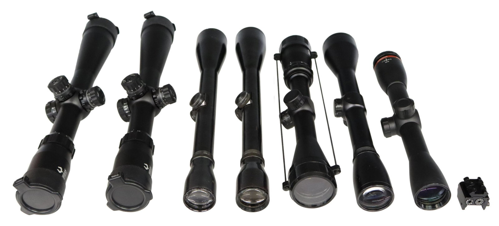 (8) RIFLE SCOPES, BUSHNELL, VIRIDIAN, WEAVER, MORE: (lot of 8) Rifle scopes, all appearing to have good optics, and one handgun laser: (1) Bushnell Banner II 3-9X40mm; (2) Viridian Serac 3.5-10X40mm scope; (1) Sightron S1, 6x42; (1) Field & Stream 500G