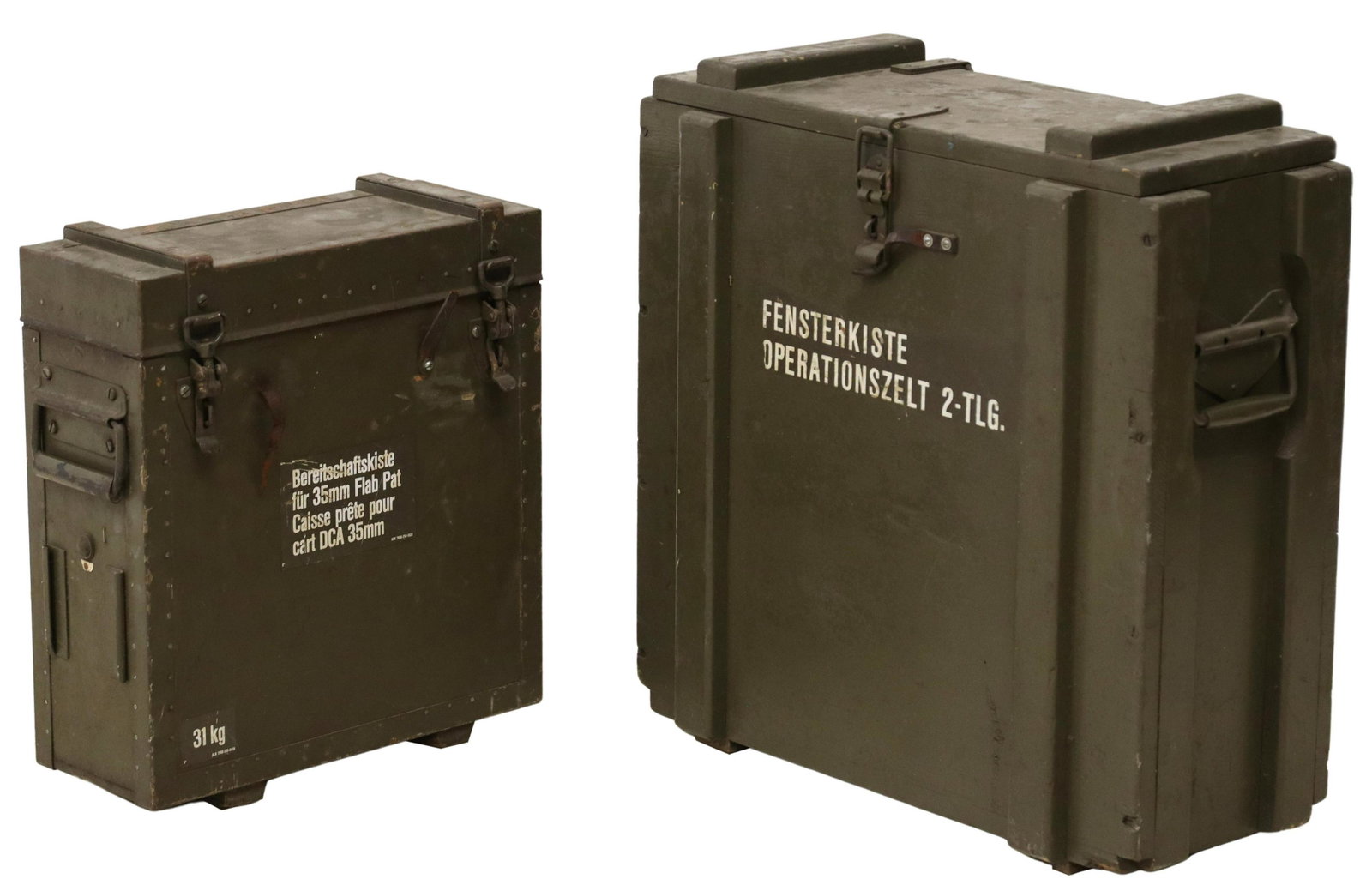 (2) SWISS ARMY MILITARY MUNITIONS CRATES: (lot of 2) Swiss military munitions boxes, largest: approx 23"h, 23"w, 10.25"d Start Price: $100.00