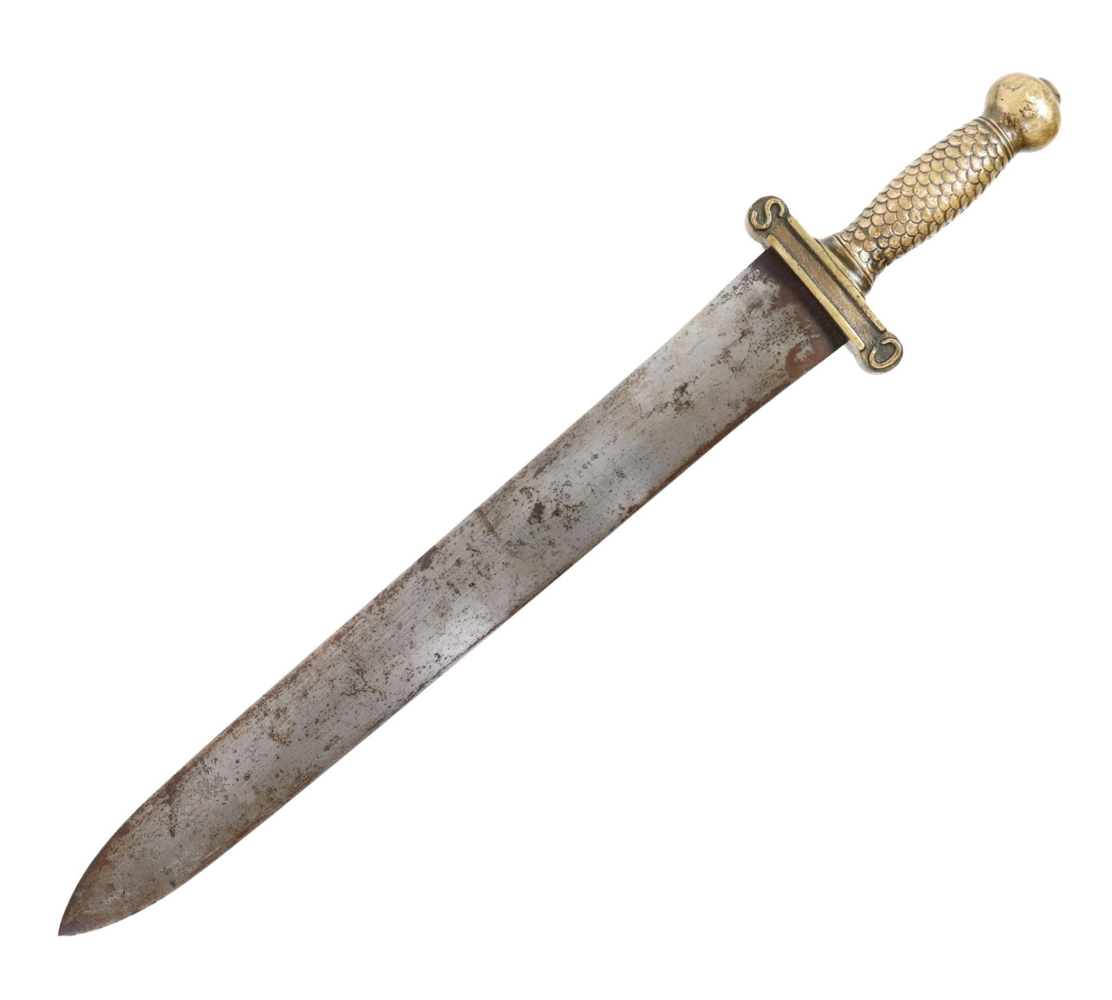 CONFEDERATE CIVIL WAR ARTILLERY FOOT OFFICER SWORD: Confederate Civil War Artillery short sword, approx. 18.5" spear point blade, cross guard marked at ends "C" and "S" at both side, brass scaled handle with semi-flat pommel, attributed to Thomas Leech