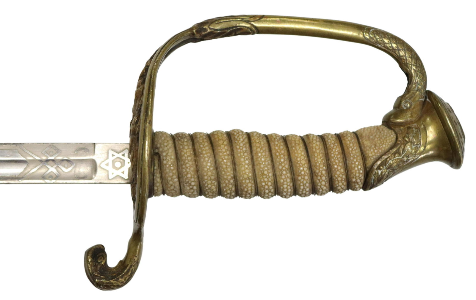 U.S. NAVY ENGRAVED SWORD WITH SCABBARD: U.S. Navy sword, the 30.25"l blade engraved with foliage, anchor, U.S.N., eagle, stars, the federal shield, U.S.N on a flag and more, the ricasso marked at one side with the six point Star of Damascus