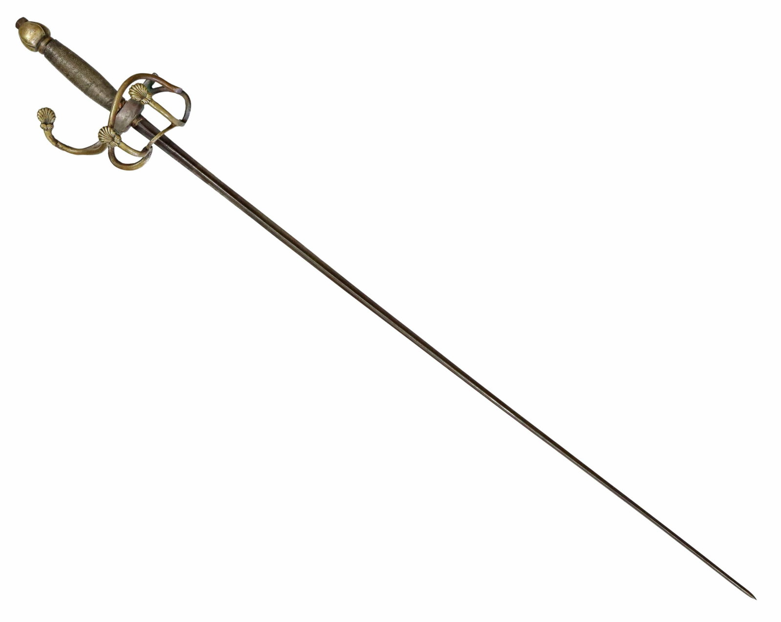 EUROPEAN TREFOIL BLADE RAPIER SWORD, 18TH/ 19TH C.: Rapier sword, 18th/ 19th c., having a 30.5" trefoil unmarked blade, a multi-branch brass guard, hardened pebbled black leather grip and lobed brass pommel, no visible markings, the blade may have been