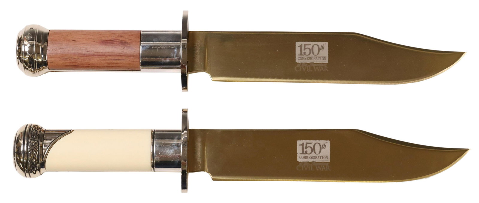 (2) CIVIL WAR COMMEMORATIVE KNIVES LEE, BEAUREGARD: (lot of 2) American Mint Civil War Bowie knife collection, both like new in original box: (1) Robert E. Lee (1807-1870) knife, a gilt 7 .5" blade engraved with a likeness of Lee and a list of major ba