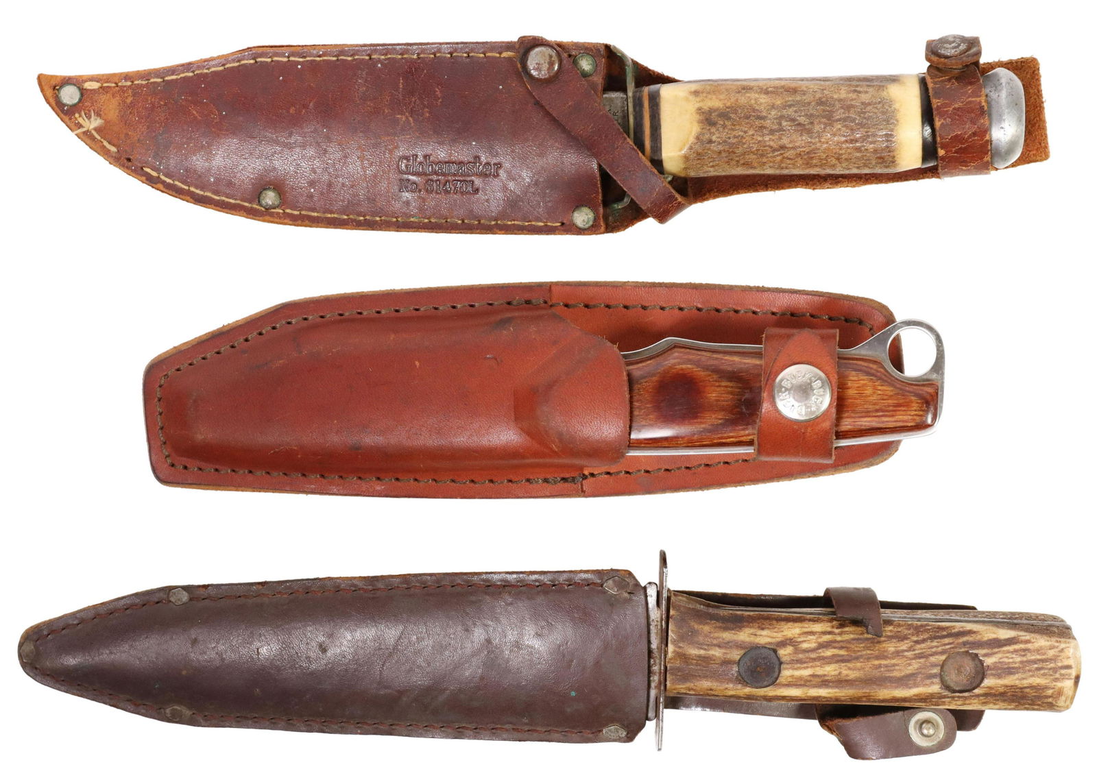 (3) FIXED BLADE KNIVES, BUCK, STOEGER: (lot of 3) Fixed blade knives: (1) Buck 3.5" straight back blade extending under the wood scales to an integral lanyard ring, knife overall: 8.25"l, housed in leather sheath: (1) Stoeger Zephyr 5.75"