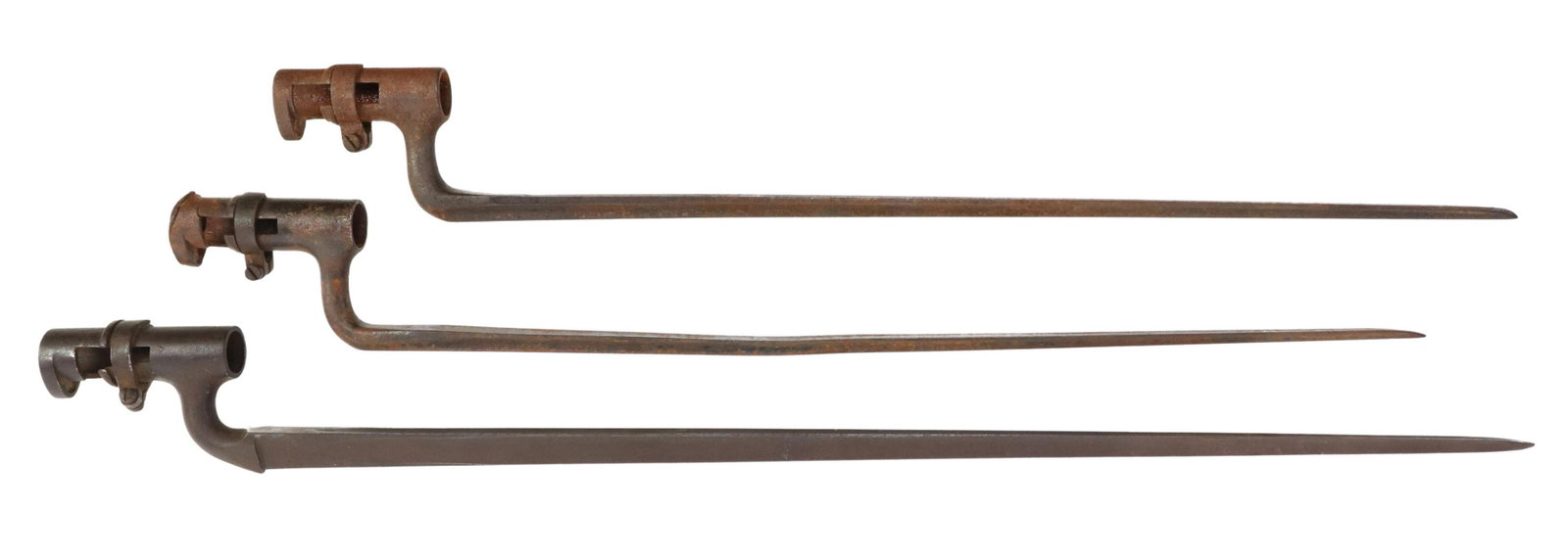 (3) SOCKET BAYONETS, U.S., BRITISH & UNKNOWN: (lot of 3) Socket bayonets: (1) U.S. 1873 bayonet marked "U.S." over a small inspection mark appearing as an "S", overall: 21"l; (1) bayonet with the only visible mark the number "3", approx. 21.75"l;