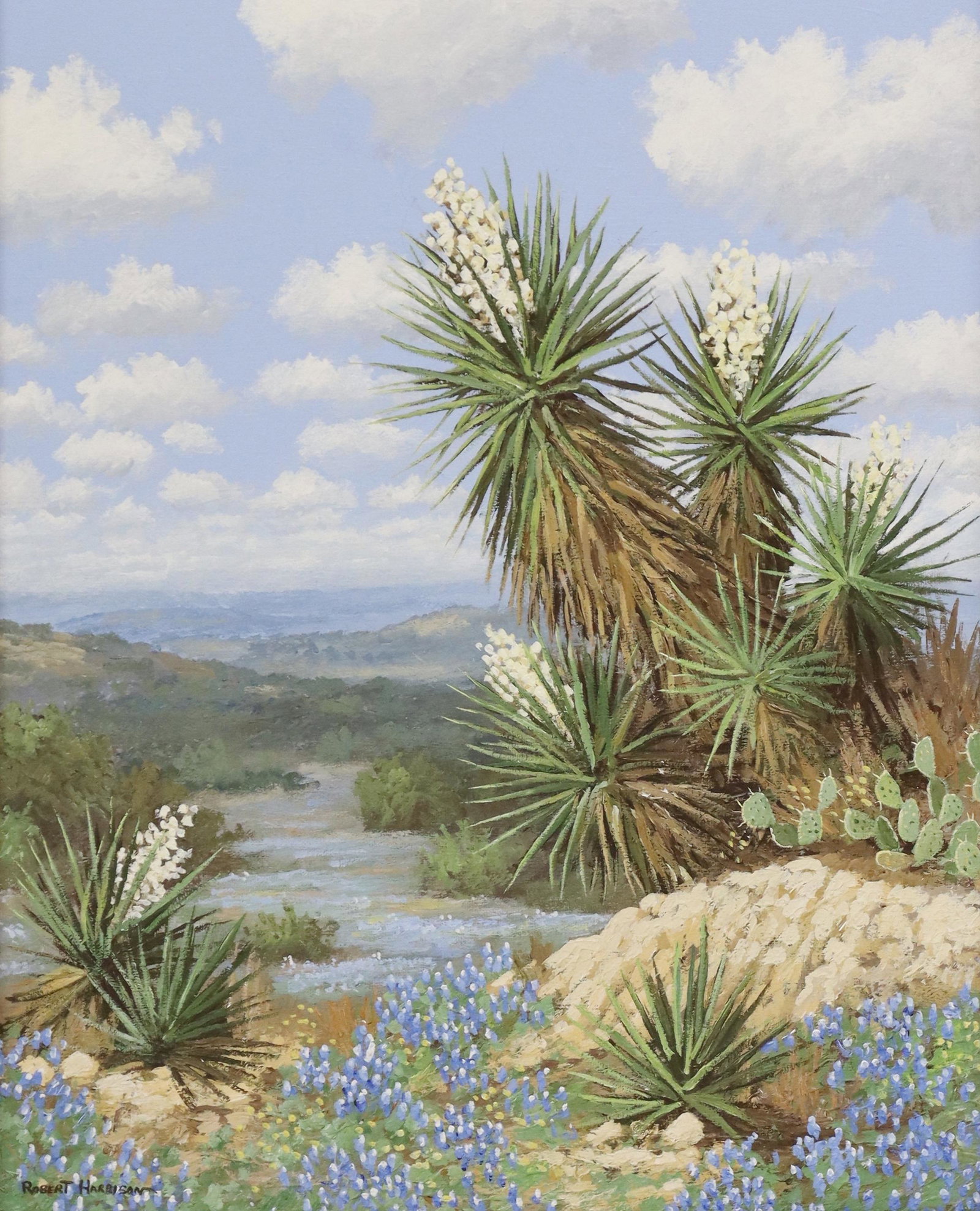 ROBERT HARRISON (B.1949) BLUEBONNETS & YUCCAS: Framed oil on canvas painting, Landscape with Bluebonnets and Yuccas, signed lower left Robert Harrison (Texas, b.1949), Texas Trails Gallery label verso, sight: approx 19.5"h, 15.5"w, overall: 28.5"h