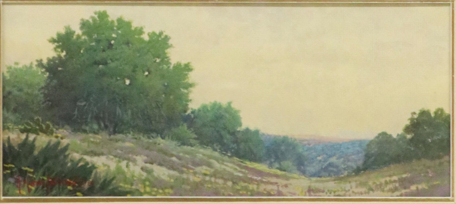 RICK MORRIS PATTERSON (B1958) WILDFLOWER LANDSCAPE: Framed watercolor and gouache painting on board, Landscape with Wildflowers, signed lower left R. Morris Patterson (Rick Morris Patterson, Texas, b.1958), dated [19]89, sight: approx 5 1/8"h, 12 1/8"w