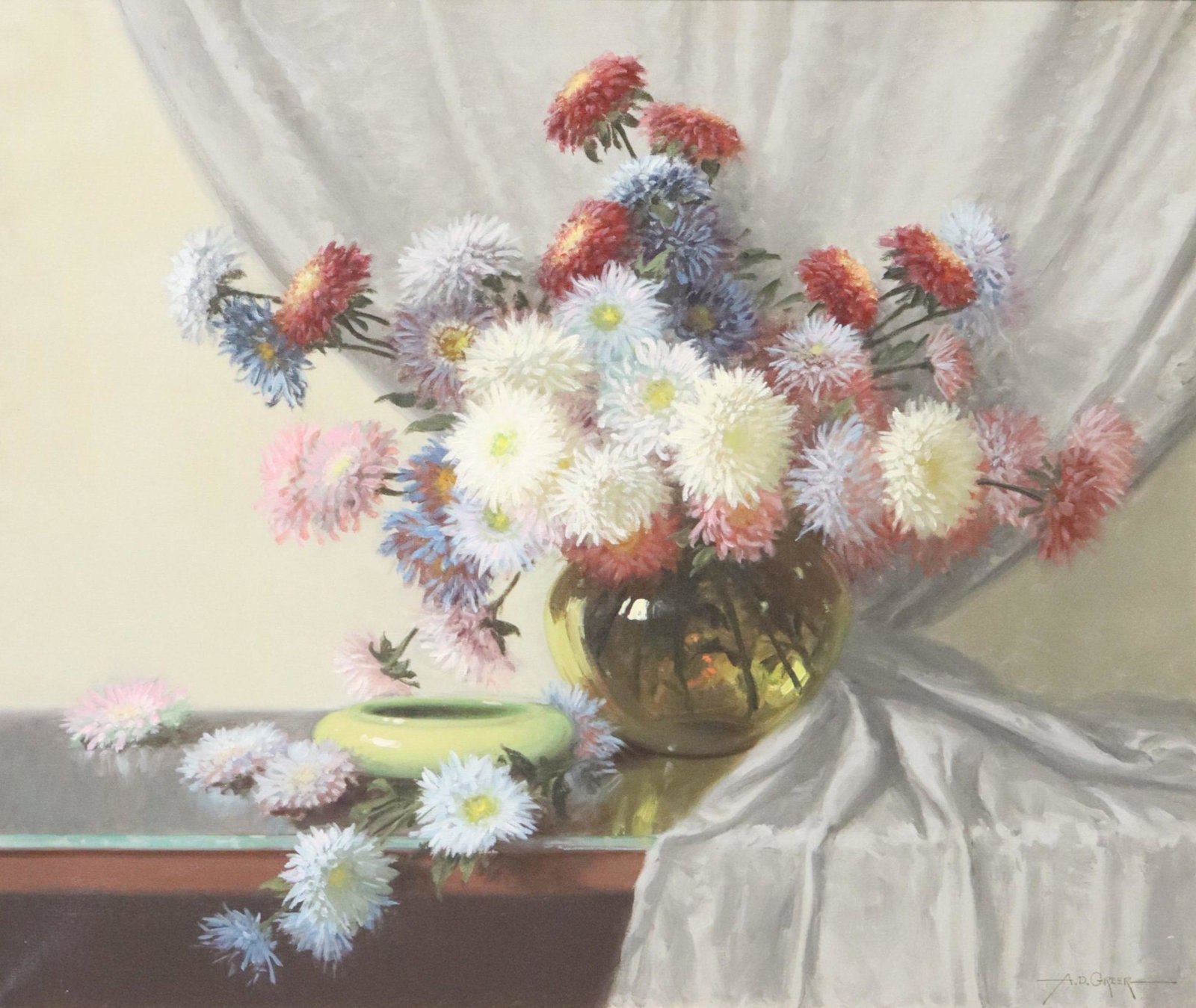 A.D. GREER (1904-1998) CHRYSANTHEMUMS, 30" X 36": Framed oil on canvas painting, Still Life with Bowl and Chrysanthemums in Glass Vase, signed lower right A.D. Greer (Aubrey Dale Greer, Texas, 1904-1998), sight: approx 29.25"h, 35.25"w, overall: 39"h