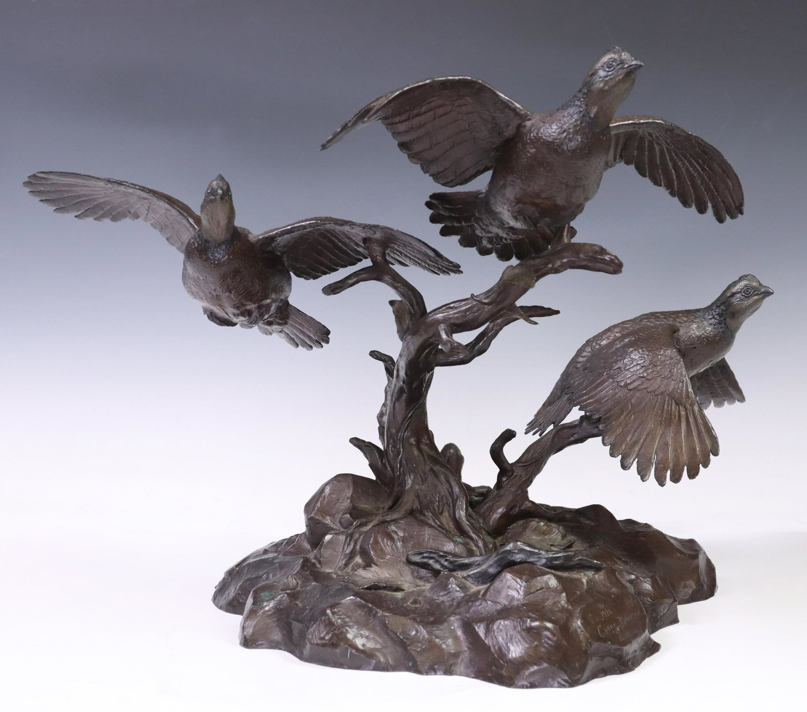 CLARK BRONSON (B.1939) BRONZE BIRDS SCULPTURE: Patinated bronze sculpture, Heading for New Cover, signed in cast Clark Bronson (American, b.1939), dated 1976, numbered 28/ 50, NSS. NAWA. SAA, small loss to one wing, approx 15.25"h, 23"w, 16.5"d, 3