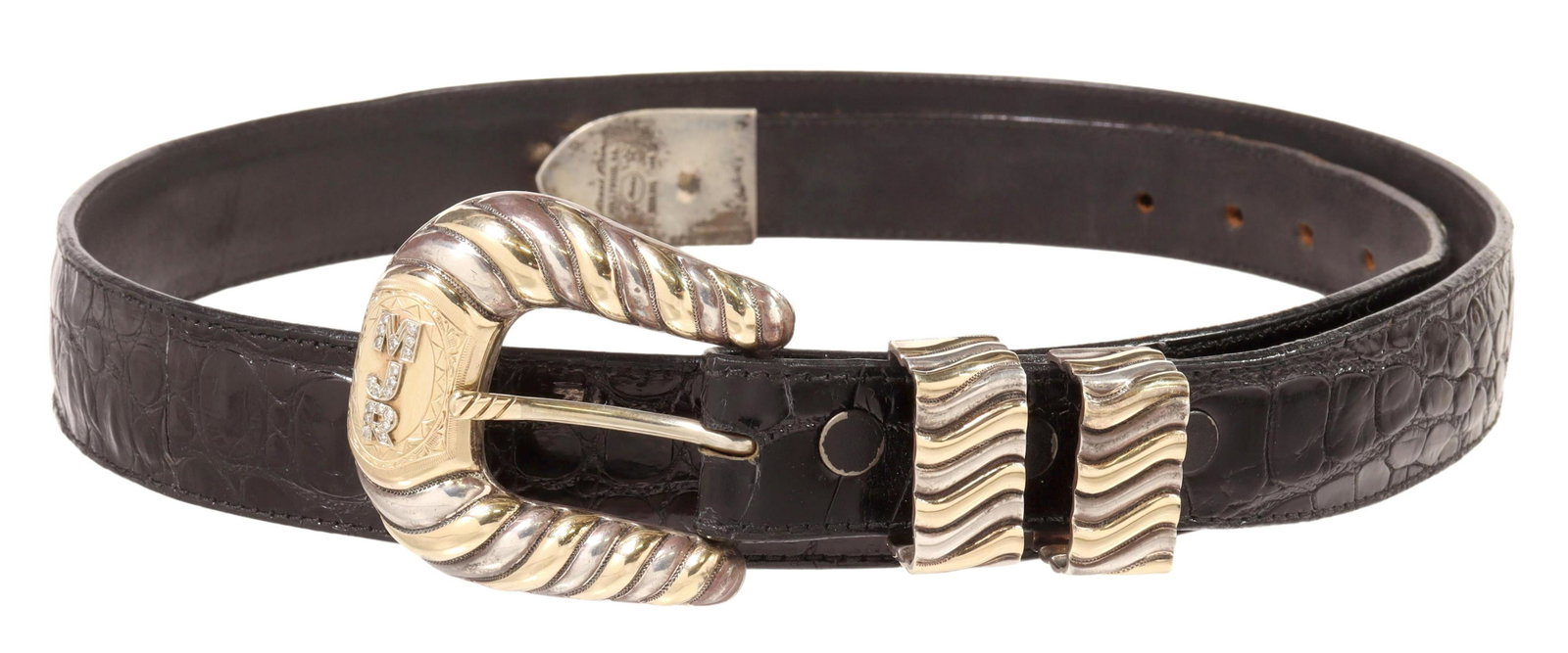 AHMAD KHAN STERLING & 14K ROPE RANGER BUCKLE SET: Western gent's four-piece sterling silver and 14kt yellow gold ranger buckle set, Ahmad N. Khan, Hollywood, California, retailed by Maida's, Houston, Texas, candy stripe rope design, (one) buckle, ini