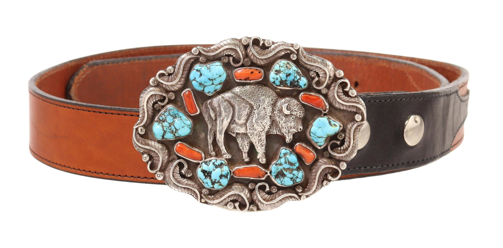 SOUTHWEST TURQUOISE & CORAL STERLING TROPHY BUCKLE: Southwest gent's sterling silver trophy buckle, engraved maker's initials, Flagstaff, Arizona, central image of a bison, framed by turquoise and red coral, buckle: approx 4 1/8"l, 3 1/8"w, on a two-to