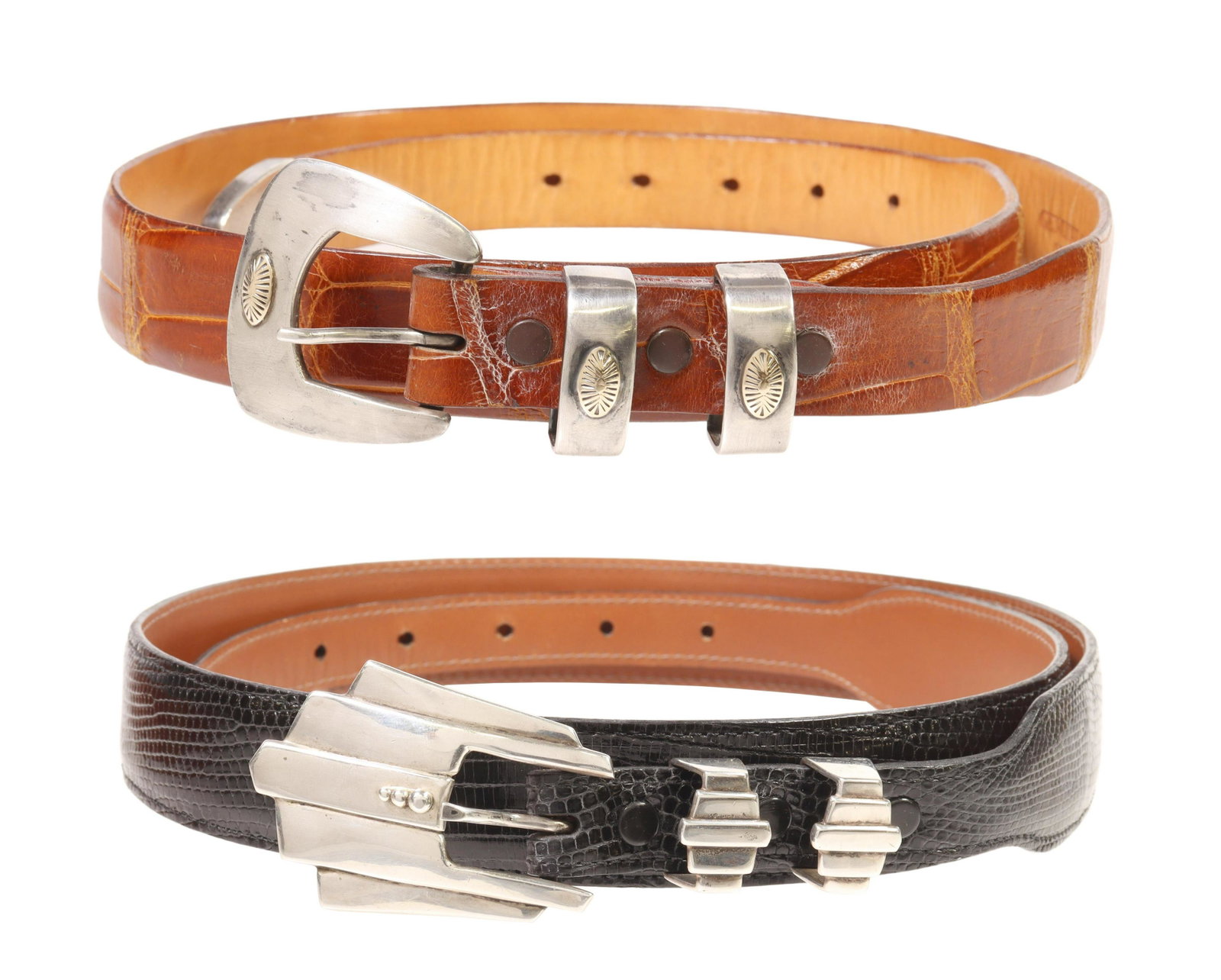 (2) WESTERN STERLING FOUR-PIECE RANGER BUCKLE SETS: (lot of 2) Western gent's four-piece ranger buckle sets, including: (1) sterling silver and 14kt gold yellow gold overlay, B.G. Mudd Shop, Corrales, New Mexico, (one) buckle, approx 1.75"l, 1 7/8"w, (