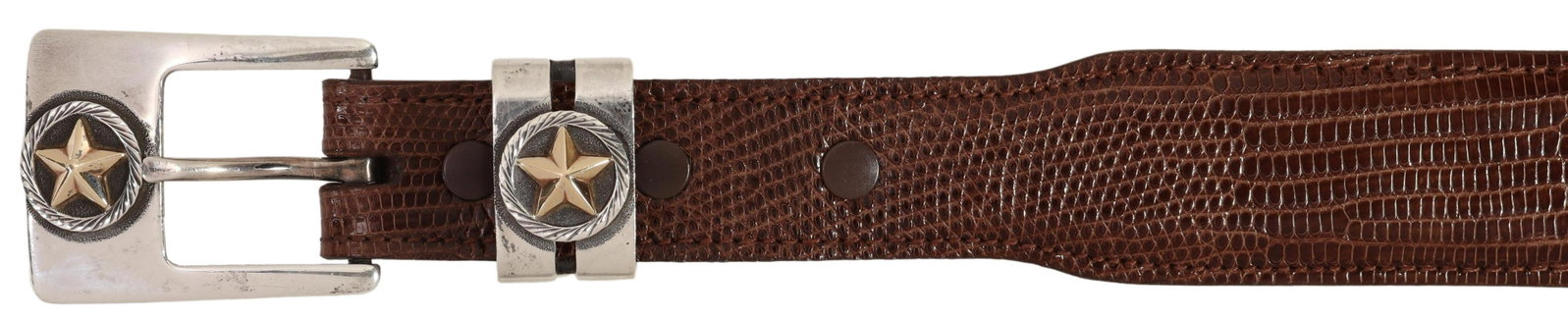 MATT HACKETT TEXAS STAR STERLING RANGER BUCKLE SET: Western gent's three-piece sterling silver and 14kt yellow gold ranger buckle set, Matt Hackett, Richmond, Texas, gold overlay five-pointed star design, (one) buckle, approx 1 7/8"l, 1.5"w, (one) keep