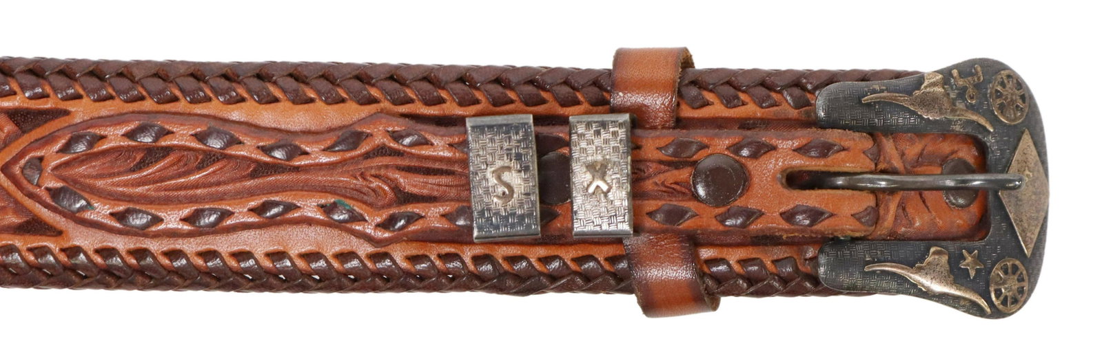 MAIDA'S LEATHER BELT & STERLING RANGER BUCKLE SET: Western tooled leather belt, Maida's, Houston, Texas, with a four-piece sterling silver ranger buckle set, approx 1.5"w, 42"l (buckle catch to first hole), approx 43.5"l (buckle catch to last hole), 0