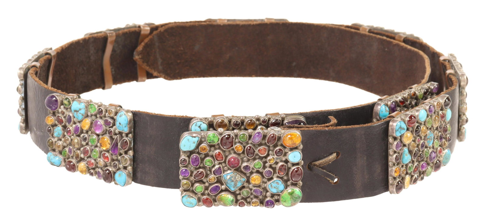 SOUTHWEST STERLING SILVER MULTI-STONE CONCHO BELT: Southwest sterling silver concho belt, stamped SN or NS, multi bezel-set cabochons on the buckle, including turquoise, etc, with nine matched conchos, on black leather belt, each concho: approx 1.5"h,