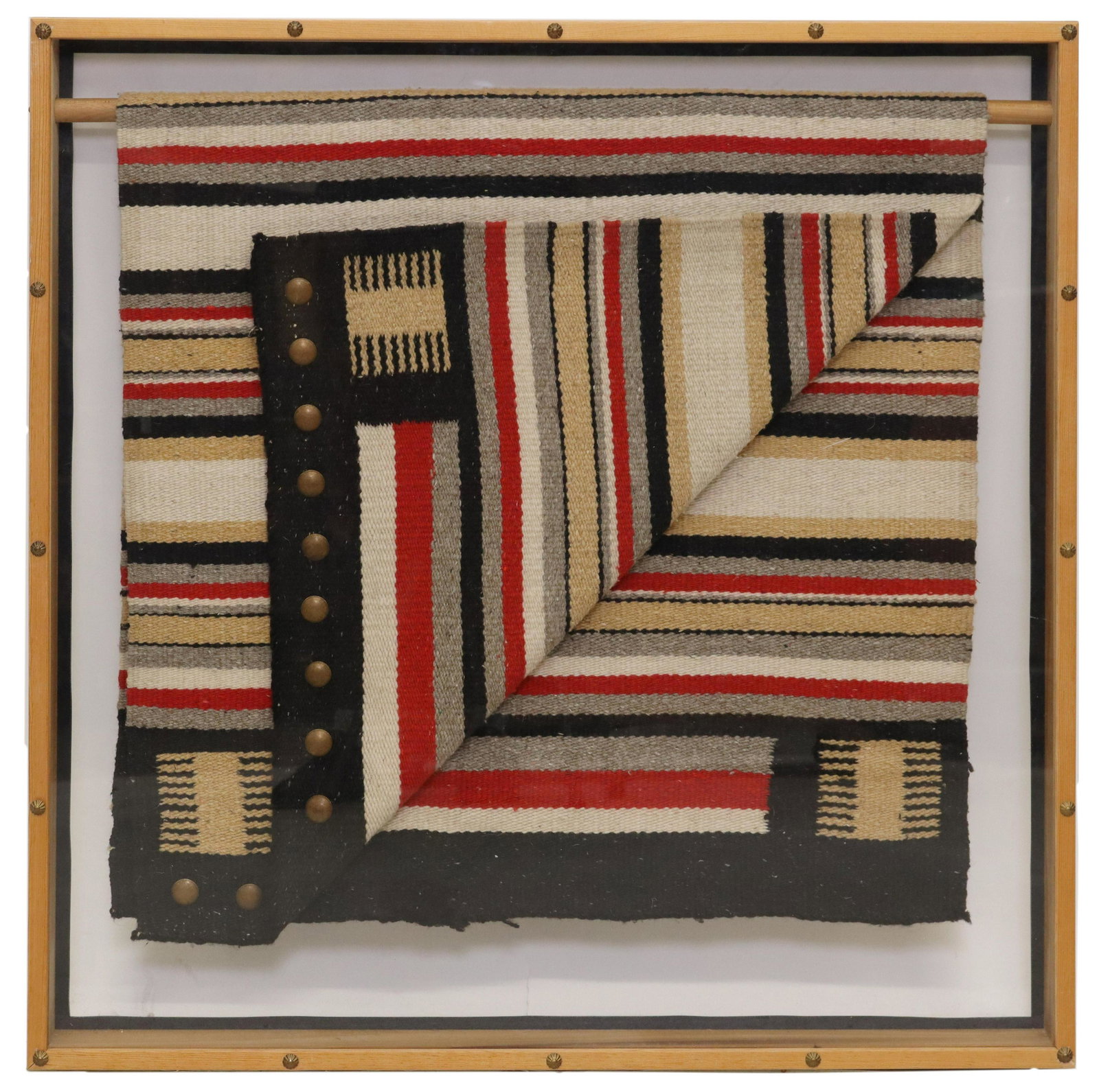 FRAMED NAVAJO HANDSPUN WOOL DOUBLE SADDLE BLANKET: Native American handspun wool double saddle blanket, Navajo, c.1970s, now mounted in plexiglass shadowbox frame, with polychrome stripe motifs, rug: approx 5'l, 2'6"w, frame overall: approx 37"h, 365"