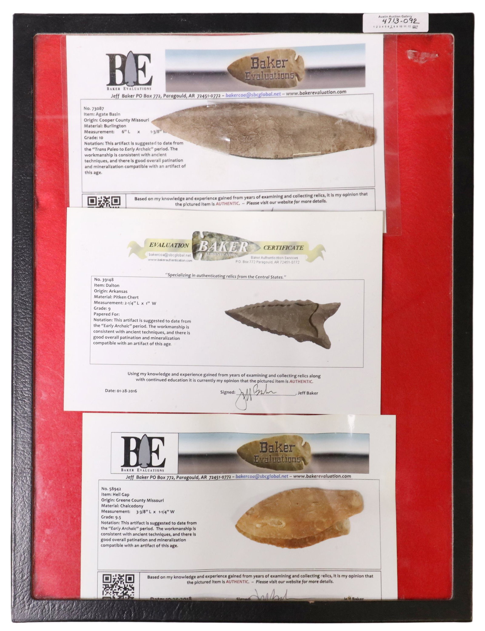 (3) NATIVE AMERICAN ARCHAIC KNIVES, ARROWHEAD, COA: (lot of 3) Native American Archaic and Paleo items, each with a COA by Baker Evaluations, Jeff Baker: (1) Agate Basin, Cooper County Missouri, approx. 6"l, 1.3/8"w; (1) Dalton arrowhead, Arkansas, app