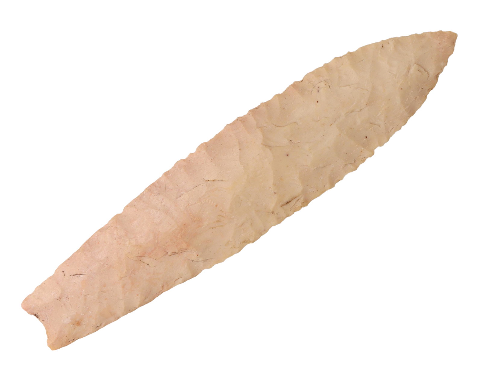 NATIVE AMERICAN EARLY ARCHAIC SPEAR POINT, COA: Native American stone spear, "Transitional Paleo to Early Archaic period", c.900-1200AD, found in the Salt River, Shelby County, Missouri, approx. 4.5/8"l, 1"w COA by Baker Authentication, Jeff Baker 