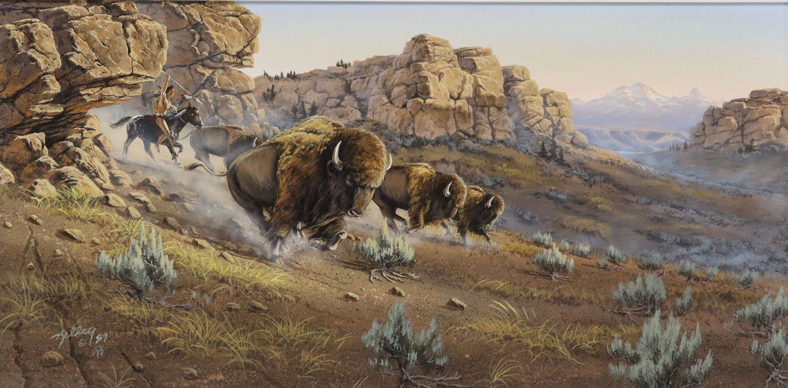 RICK KELLEY (20TH C.) ACRYLIC PAINTING BISON HUNT: Framed acrylic painting on board, Bison Hunt, signed lower left Kelley (Rick Kelley, American, 20th c.), dated [19]89, sight: approx 11.5"h, 23.5"w, overall: 20.5"h, 32.5"w, 7.75lbs **Provenance: From