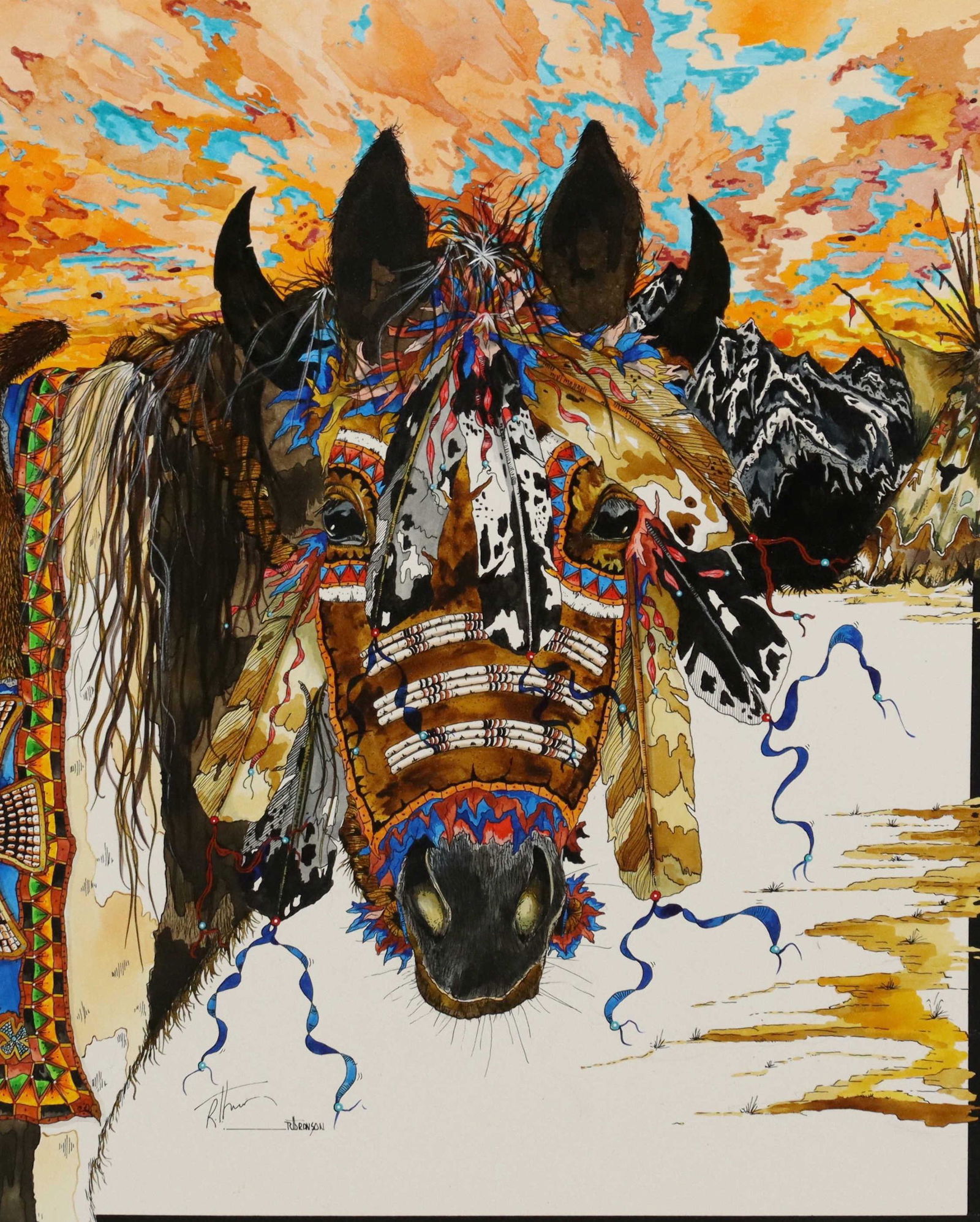 R.T. BRANSON (20TH C.) PAINTING 'OGLALA THUNDER': Mixed media painting mounted to Masonite, "Oglala Thunder," signed lower left R.T. Branson (20th c.), titled and dated 2017 verso, overall: approx 20"h, 16"w, 4.25lbs Start Price: $100.00