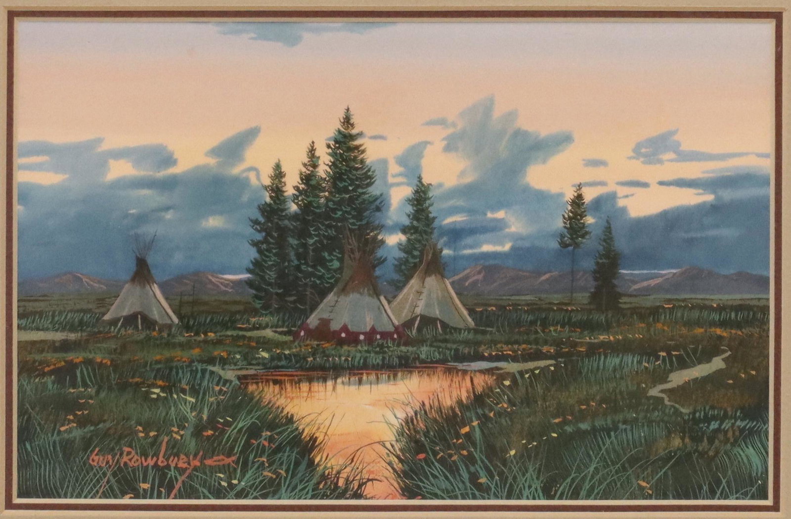 GUY ROWBURY (20TH C.) GOUACHE NATIVE AMERICAN CAMP: Framed watercolor and gouache painting on paper, Sunset over Native American Camp, signed lower left Guy Rowbury (American, 20th c.), label verso for The Wickiup Gallery, Coeur d'Alene, Idaho, sight: 