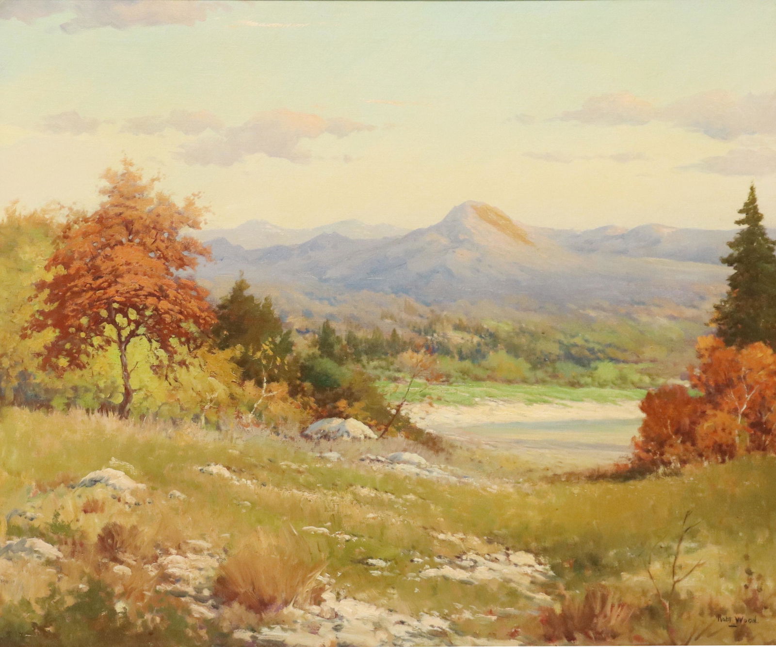 ROBERT WOOD (1889-1979) AUTUMN LANDSCAPE 25" X 30": Framed oil on canvas painting, Autumn Landscape, signed lower right Robt. Wood (Robert William Wood, California, Texas, 1889-1979), sight: approx 24.5"h, 29.5"w, overall: 37"h, 41.5"w, 15lbs Start Pri