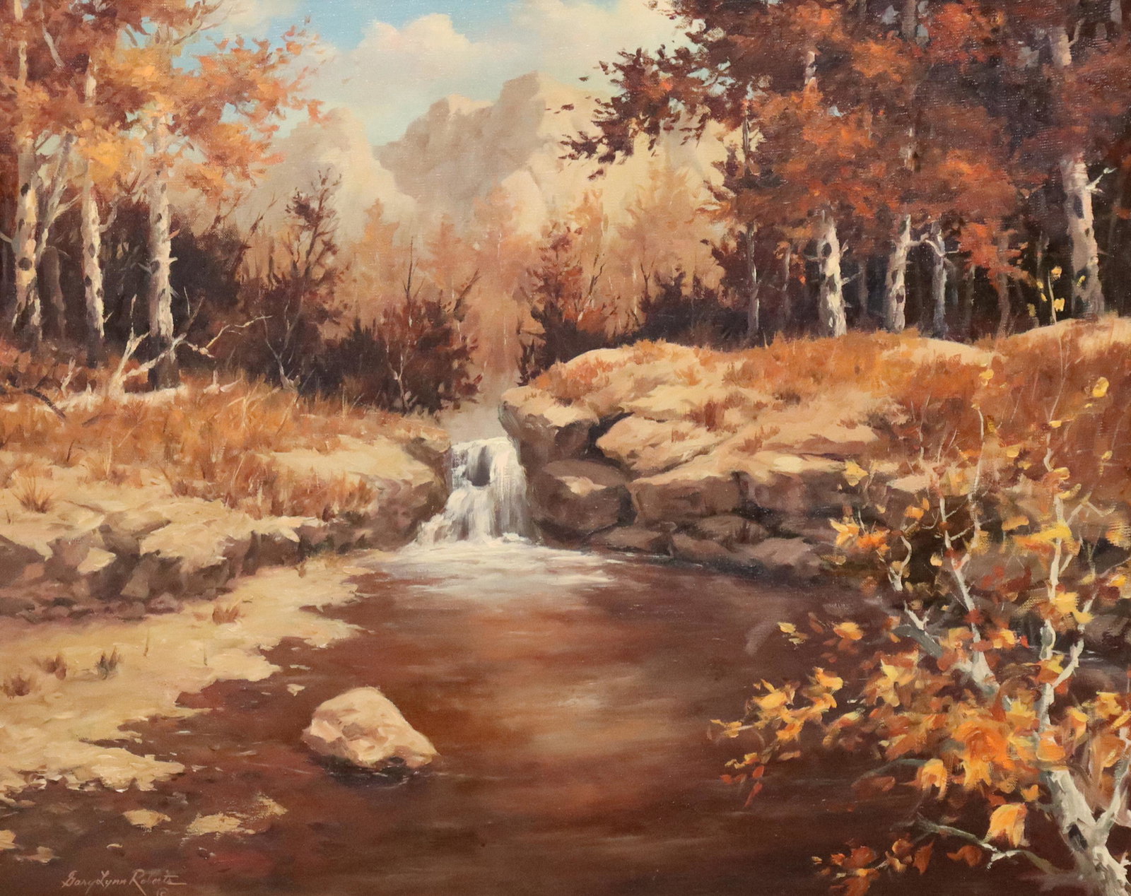 GARY LYNN ROBERTS (B.1953) WATERFALL, 24" X 30": Framed oil on canvas painting, "Autumn Scene with Waterfall," signed lower left Gary Lynn Roberts (Texas, b.1953), Southwest Gallery label, artist's card with alternate title "Camper's Paradise," sigh
