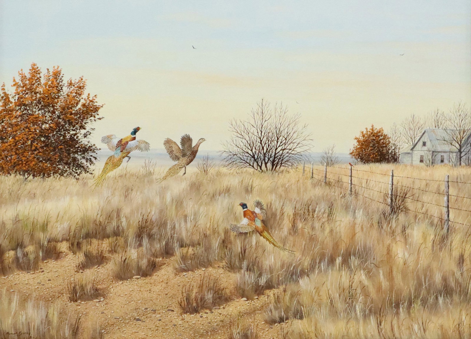 MANUEL GARZA (B.1940) PAINTING, PHEASANT LANDSCAPE: Framed oil on canvas painting, Landscape with Pheasants, sighed lower left Manuel Garza (Texas, b.1940), additional signature verso, sight: approx 17.5"h, 23.4"w, overall: approx 25"h, 31"w, 6.8lbs St