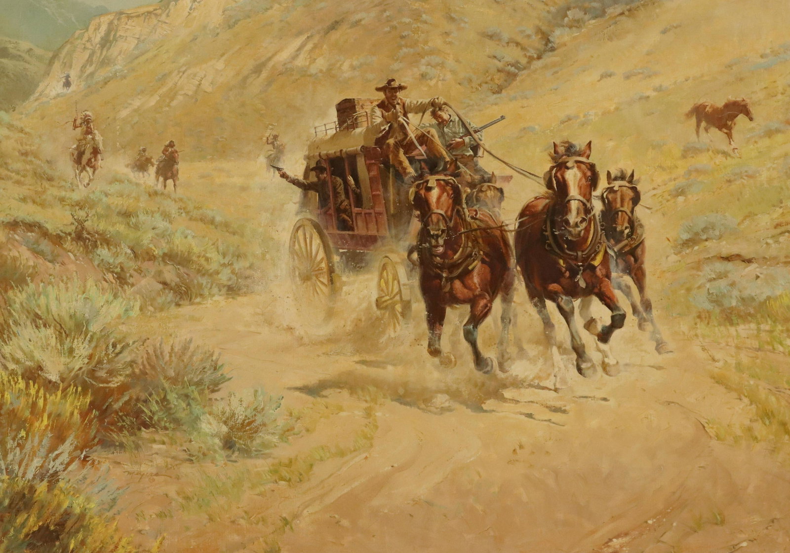 ROBERT MEYERS (1919-1970) STAGECOACH, 30" X 42": Framed oil on canvas painting, "Escape at Dry Fork," signed lower left Meyers (Robert Meyers, Wyoming, 1919-1970), Tierney Fine Art Gallery label verso, sight: approx 29.25"h, 41.25"w, overall: 35.75"
