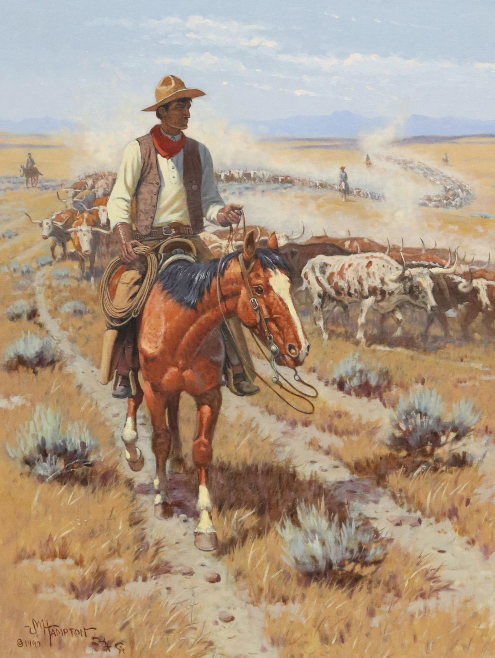 JOHN WADE HAMPTON (D.2000) THE LONG TRAIL 42"X32": Framed oil on canvas painting, "The Long Trail," signed lower left J.W. Hampton (John Wade Hampton, Arizona, 1918-2000), dated 1990, label verso for the Leanin' Tree Museum of Western and Wildlife Art