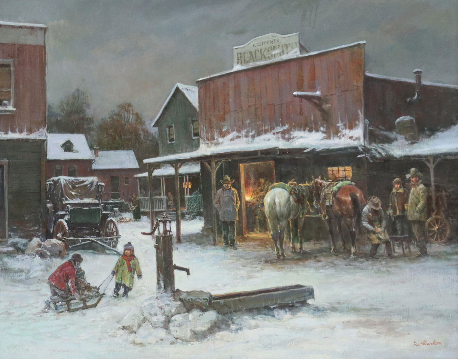 LAJOS MARKOS (1917-1993) DECEMBER DAY, 24" X 30": Framed oil on canvas painting, "December Day," signed lower right L. Markos (Lajos Markos, Texas, 1917-1993), sight: approx 23.25"h, 29.25"w, overall: 33.5"h, 39.5"w, 16lbs **Provenance: through inher