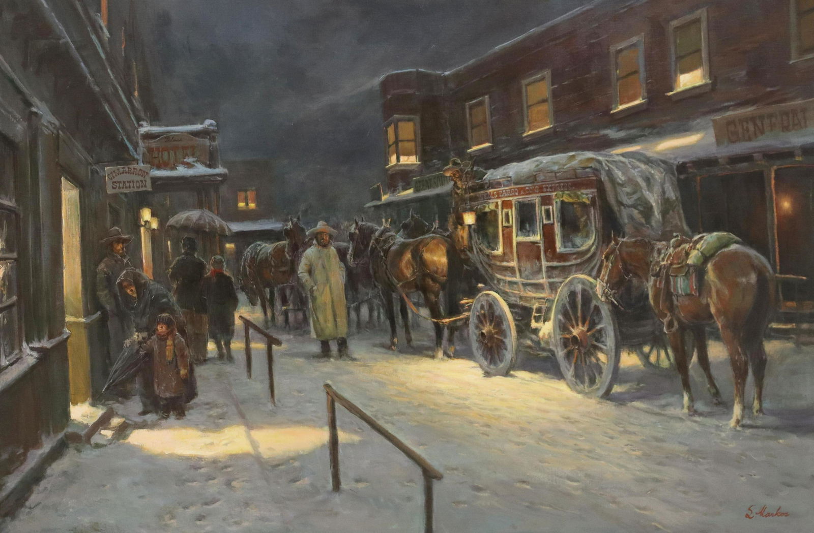 LAJOS MARKOS (1917-1993) THE LAST COACH, 24" X 36": Framed oil on canvas painting, "The Last Coach," signed lower right L. Markos (Lajos Markos, Texas, 1917-1993), sight: approx 23.5"h, 35.5"w, overall: 31"h, 43"w, 13lbs **Provenance: through inheritan