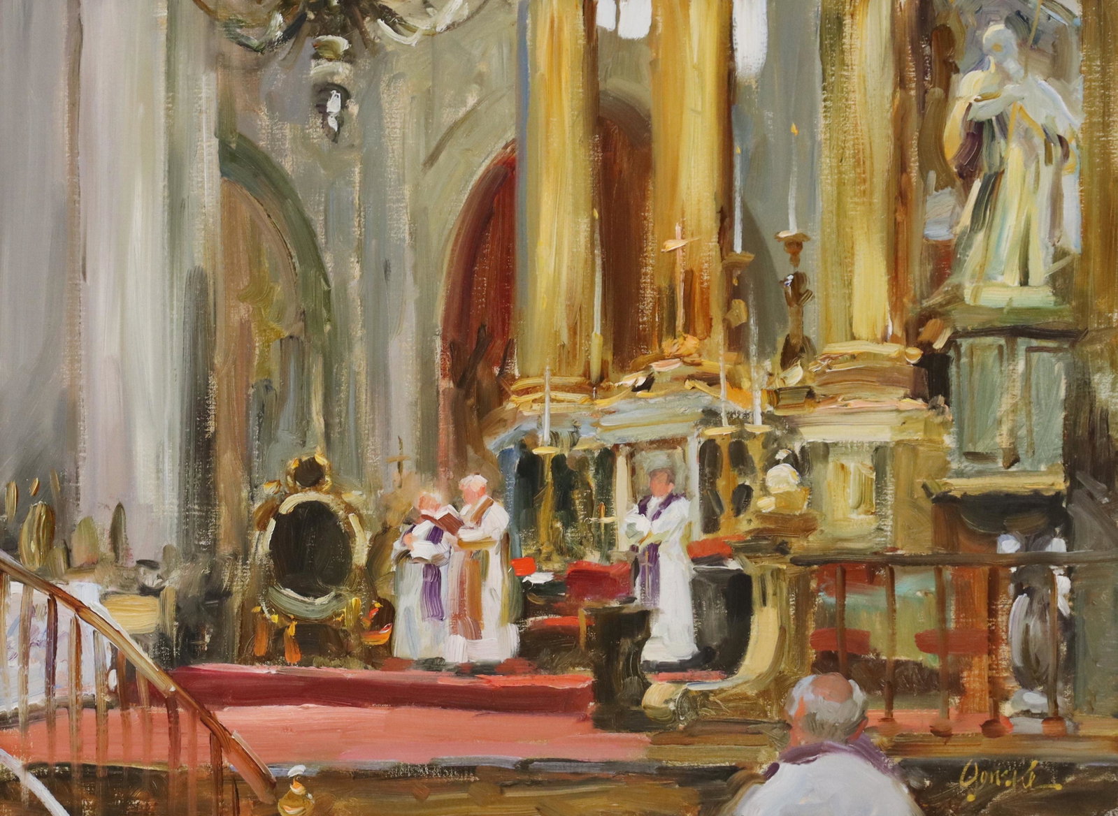 WALT GONSKE (B.1942) CATHEDRAL, PUEBLA, MEXICO: Framed oil on canvas painting, "San Francisco Cathedral, Puebla, Mexico," signed lower right Gonske (Walter Gonske, American, b.1942), titled verso, label for Shriver Gallery, Inc., Taos, New Mexico, 
