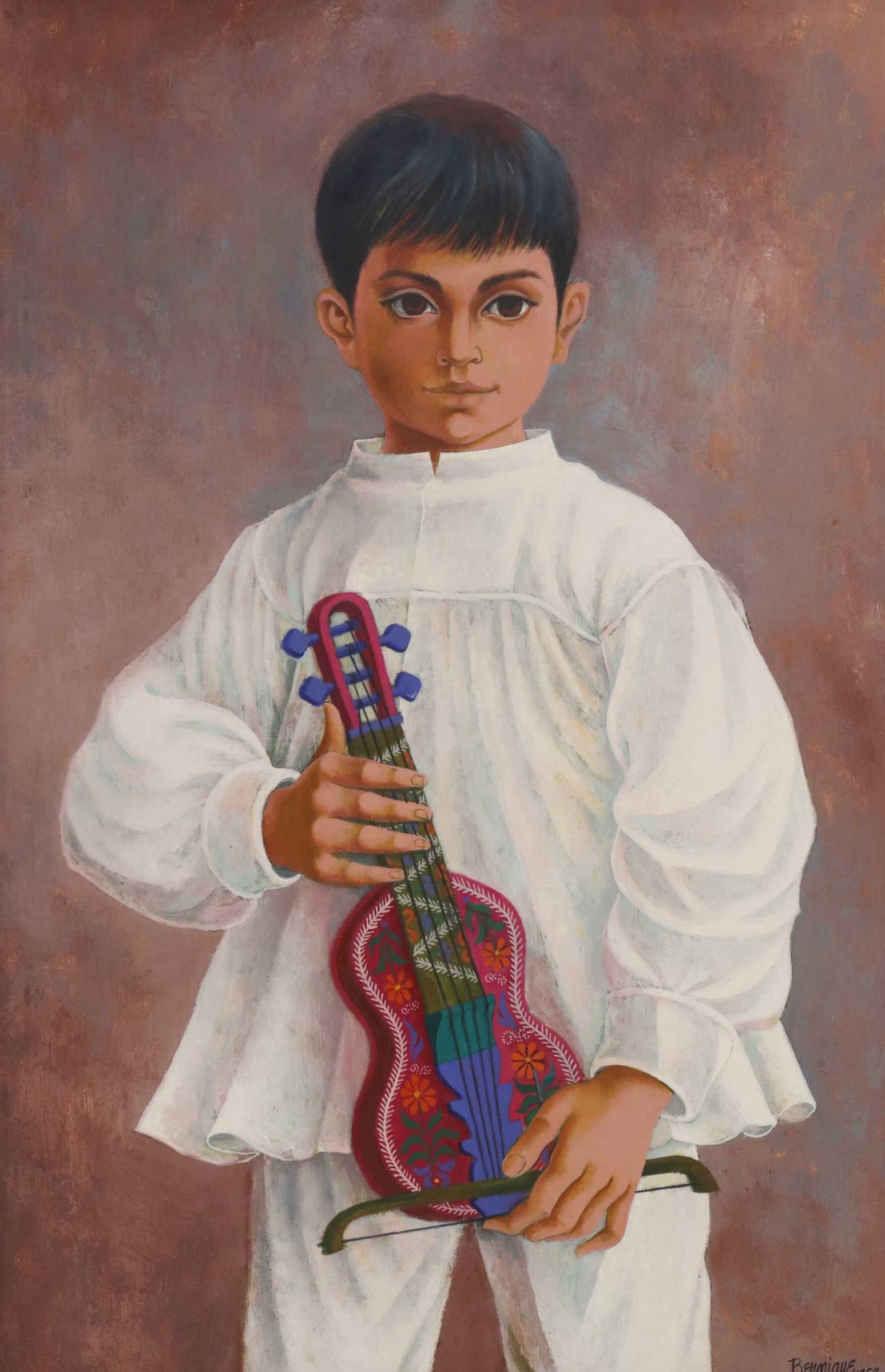 BERNIQUE LONGLEY (NM, 1923-1999) BOY WITH VIOLIN: Framed oil on Masonite painting, Portrait of a Boy with Violin, signed lower right Bernique (Bernique [Bernice] Mae Wilderson Longley, New Mexico, 1923-1999), dated 1959, sight: approx 29.75"h, 19.25"