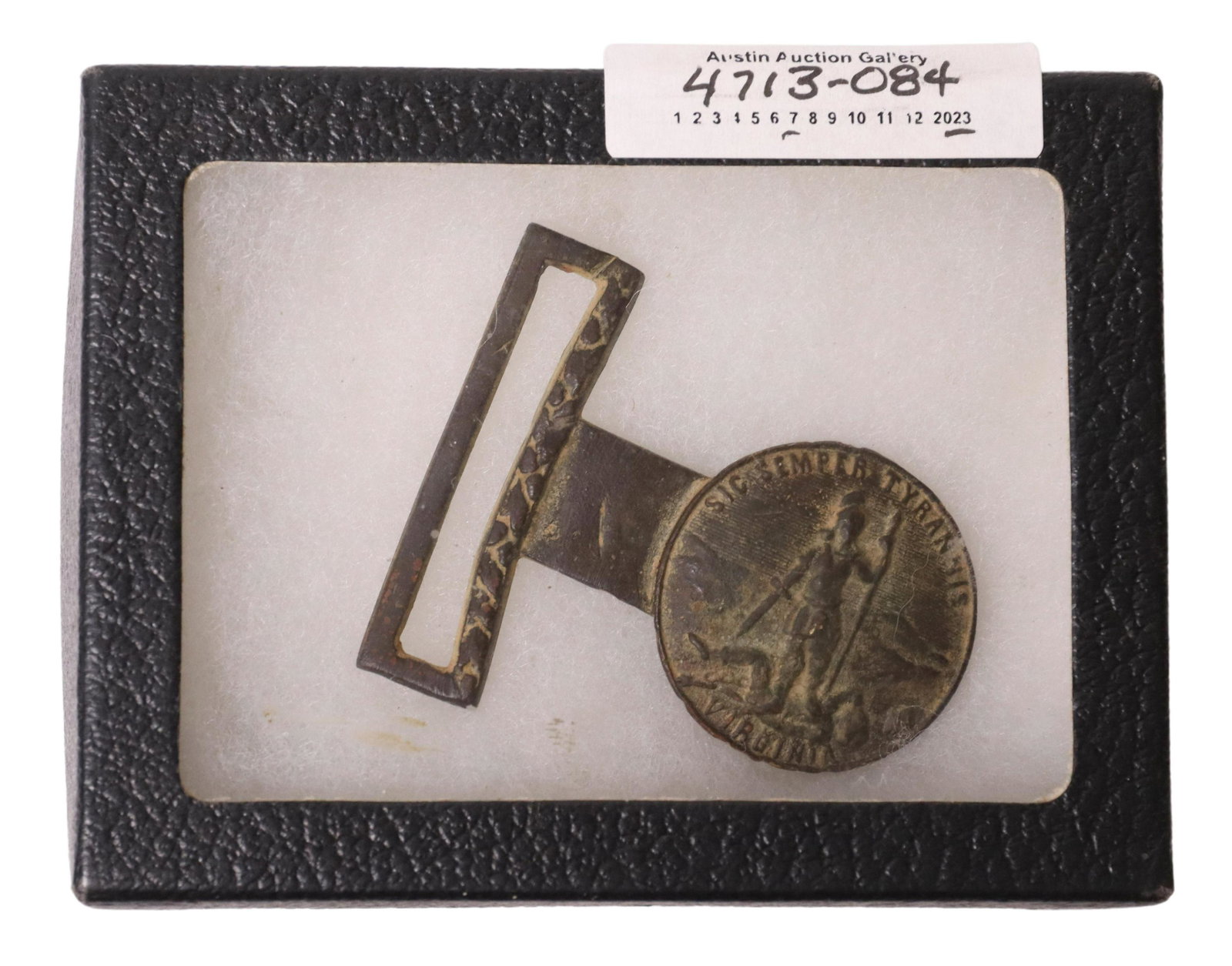 CSA VIRGINIA BELT BUCKLE TONGUE: Civil War Virginia belt buckle tongue depicting the state seal of Virginia and its' wording "Sic Semper Tyrannis", "Thus Always to Tyrants" as a soldier stands on his enemy, his right hand holding a s