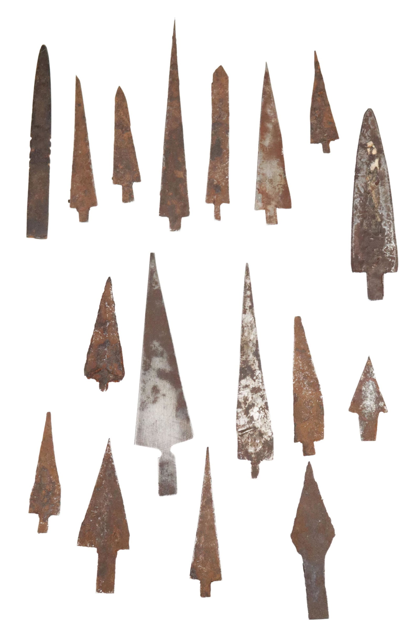 (17) HUDSON BAY COMPANY (ATTRIB.) STEEL ARROWHEADS: (lot of 17) Steel arrowheads attributed to the Hudson Bay Company in the fur trade days, one marked with an "H", the others appear unmarked, reportedly originating as manufactured by one of the 18th/1