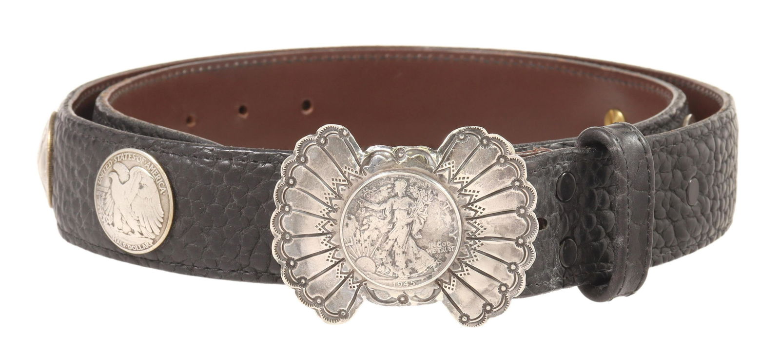 BUFFALO DANCER LIBERTY HALF DOLLAR CONCHO BELT: Southwest sterling and coin silver concho belt, Buffalo Dancer (Lawrence Archuleta, Taos Pueblo, New Mexico, b.1959), (one) buckle, approx 2.75"l, 2 1/8"w, (ten) Walking Liberty Half Dollar coin conch