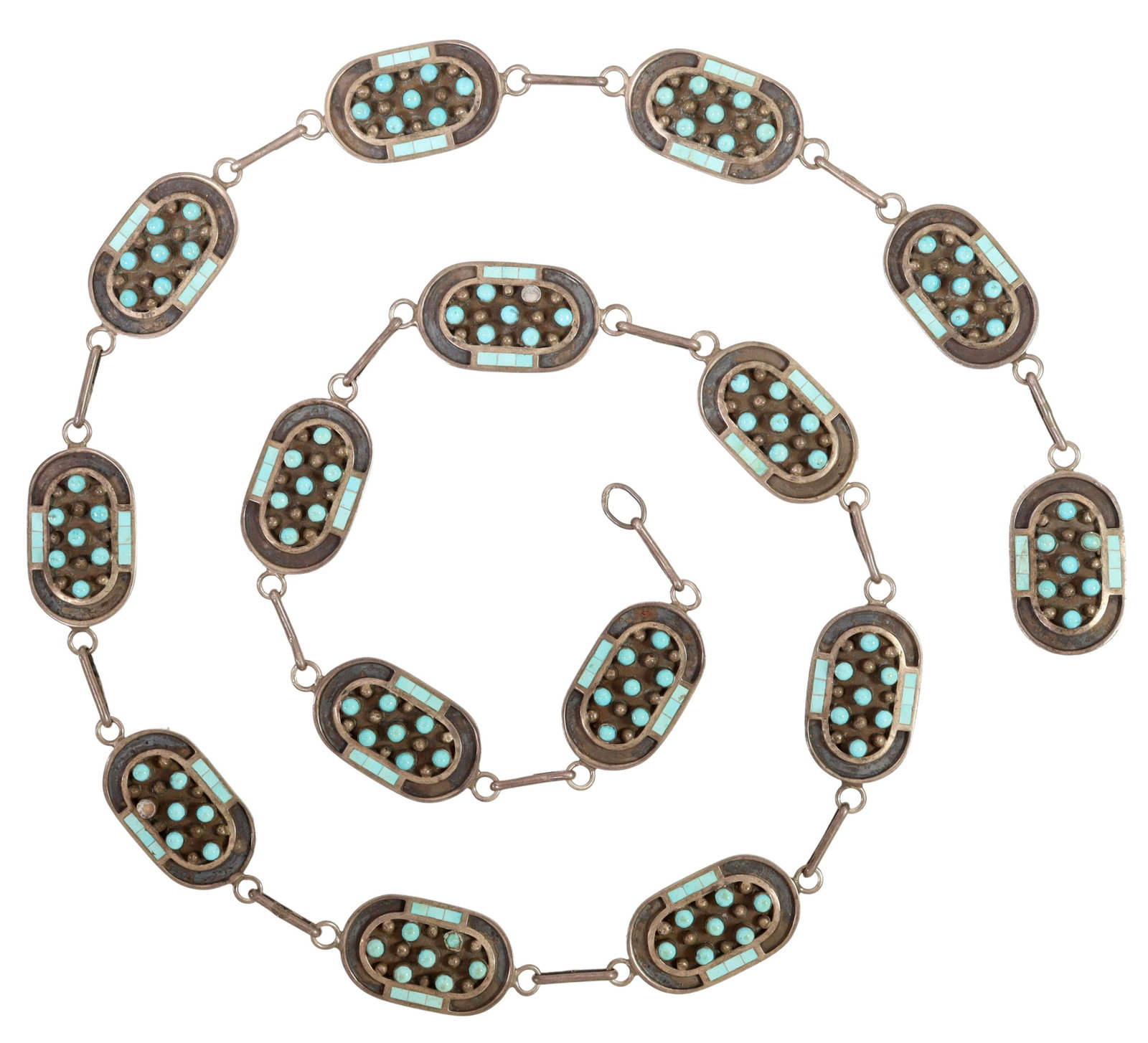JOBETH MAYES MAIZE ZUNI TURQUOISE CONCHO BELT: Native American silver (content unknown) concho belt, signed JoBeth Mayes Maize (Zuni, 20th c.), having oval buckle, with fourteen matched conchos, all inlaid with tiled turquoise and turquoise caboch