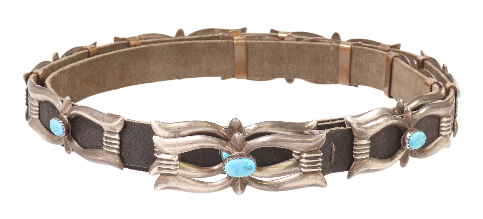 NAVAJO TUFA CAST SILVER & TURQUOISE CONCHO BELT: Native American silver (content unknown) concho belt, Navajo, having Tufa cast buckle, with ten matched conchos, all with central inset turquoise cabochon, on black leather belt, each concho: approx 1