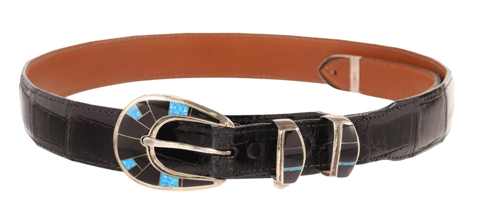 PETERSON CHEE NAVAJO STERLING RANGER BUCKLE SET: Native American four-piece sterling silver ranger buckle set, Peterson Chee (Navajo, 20th c.), Supersmith, Inc. Gallup, New Mexico, multi-stone channel inlay with lab opal and black stone, (one) buckl