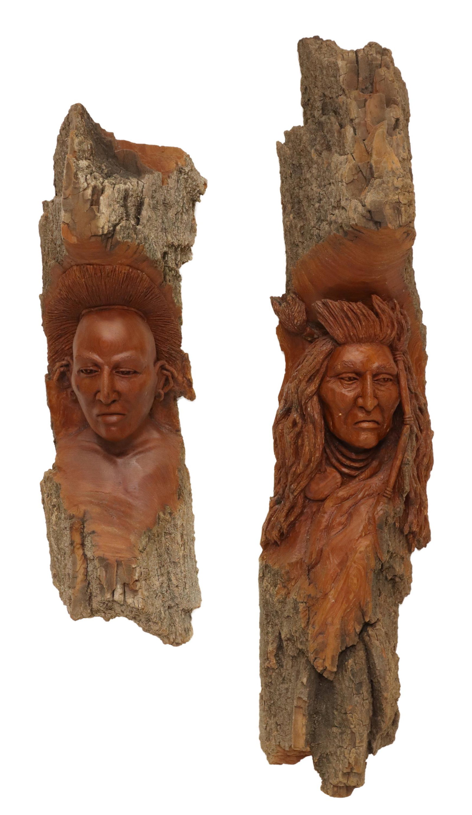 (2) KEN ACTON (20TH C.) WESTERN WOOD SCULPTURES: (lot of 2) Carved wood relief sculptures, both signed at base Acton (Ken Acton, American, 20th c.), retaining The West in Wood, Colstrip, Montana gallery label verso, including: (1) Native American El